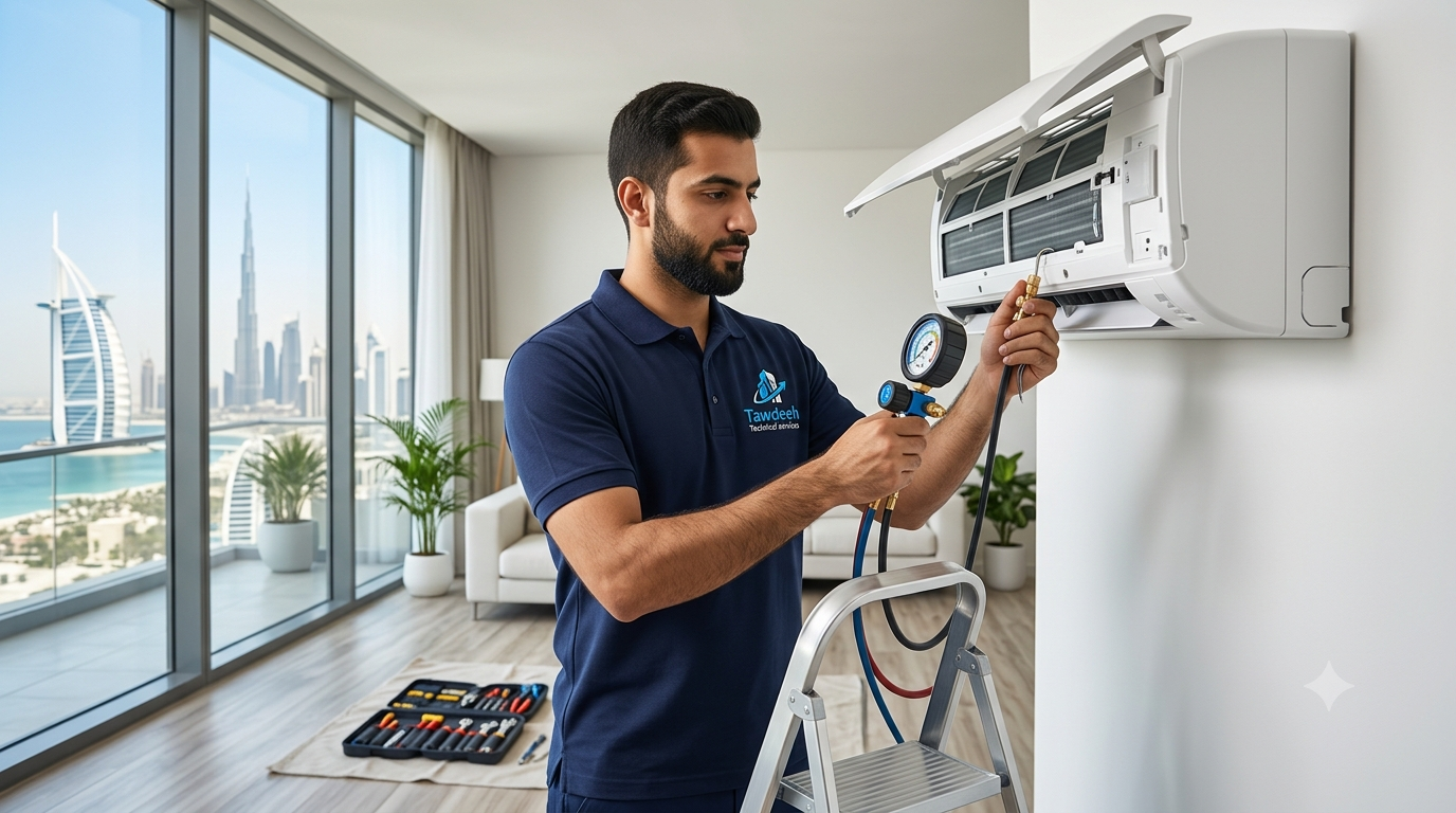 Tawdeeh technician servicing a split AC unit in a Dubai apartment