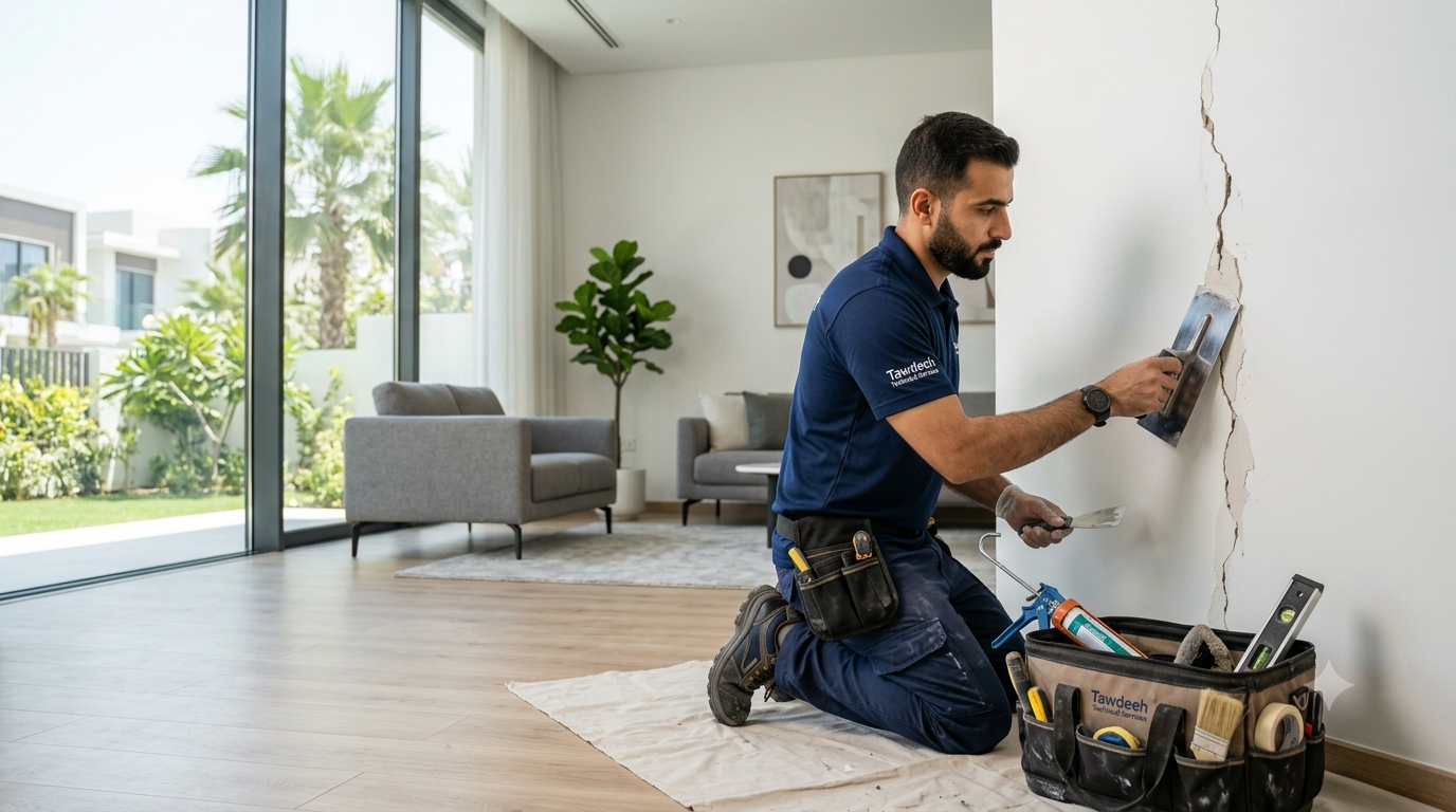 Tawdeeh technician repairing a wall crack in a Dubai villa