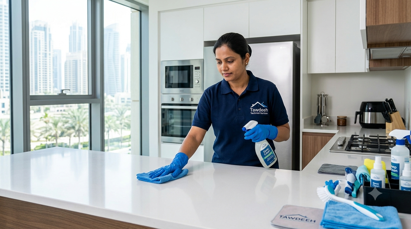 Tawdeeh cleaner deep cleaning a kitchen countertop in a Dubai apartment