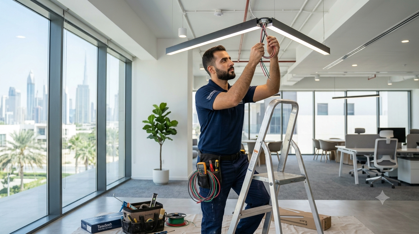 Tawdeeh electrician installing a light fixture in a Dubai office