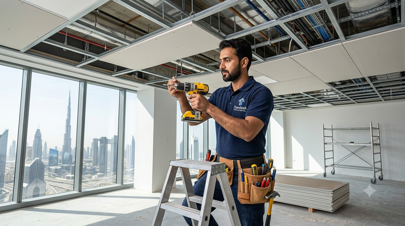 Tawdeeh carpenter installing a gypsum false ceiling in a Dubai office