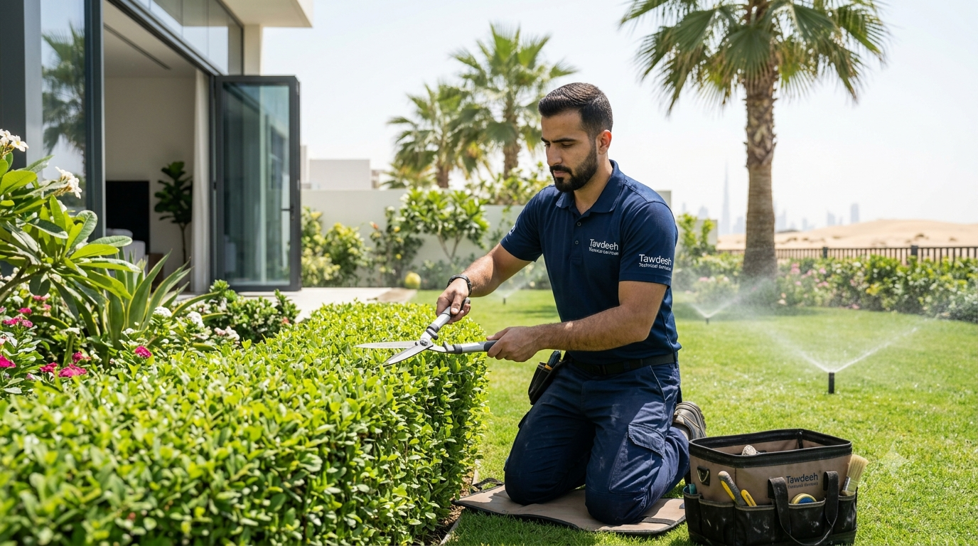Tawdeeh landscaper trimming a hedge in a Dubai villa garden