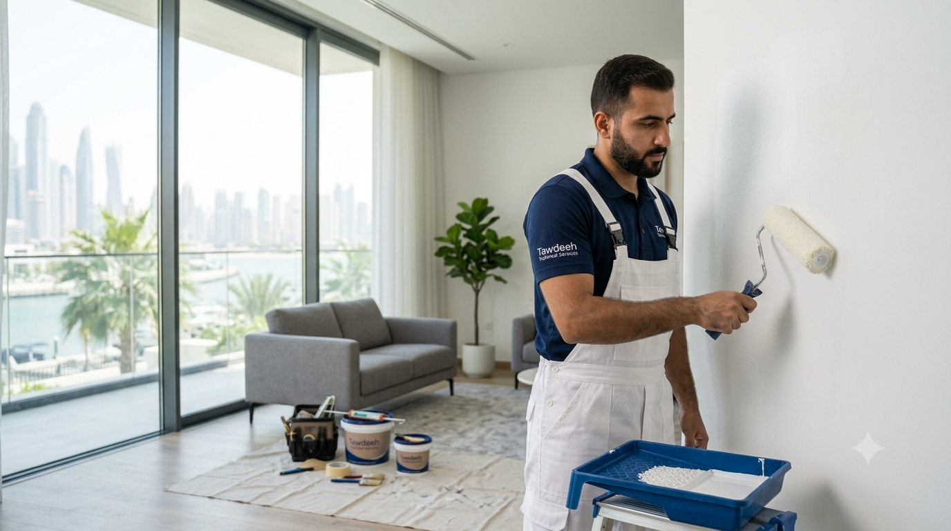 Tawdeeh painter rolling fresh paint on a wall in a Dubai apartment