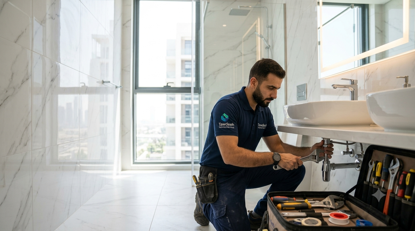 Tawdeeh plumber repairing a sink pipe in a Dubai bathroom